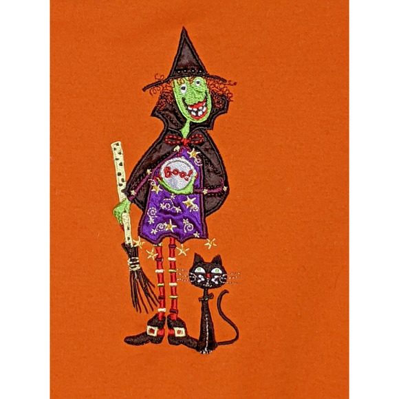 Halloween Top LS Tshirt Witch Embroidered 100% Cotton READ - Picture 2 of 8